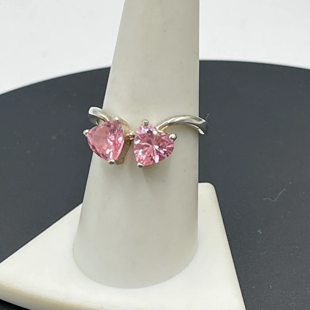 Sterling‎ Silver 925 Double Heart Pink Ice Gemstone Faux Bypass Ring Sz 8.25